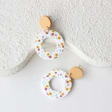 1 Pair Ochre Hollow Round Random Print Acrylic Dangle Earrings, Clay Texture, Elegant And Cute, Suitable For Vacation, Party, Celebration, Holiday Gift - Y1330 - View 3