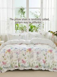Juego de ropa de cama de 3 piezas con estampado floral blanco y ribete con volantes completos - Incluye 1 funda nórdica y 2 fundas de almohada (sin rellenos), estilo campestre fresco, ligero y transpirable, lavable a máquina, ropa de cama floral, estilo campestre, decoración del hogar con volantes - Multicolor - Ver 6