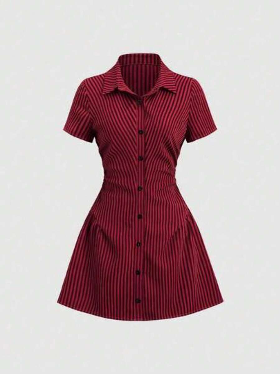 Vestido camisa de manga corta rosa dulce y fresco, vestido blusa estilizado con cintura ceñida para el verano - Burdeos - Ver 1