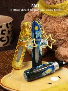 1/2/4pcs Summer Perfume Spray Bottles, Oil Painting Starry Sky Pattern Bottom Filled Perfume Bottles, Metal Flower Pendant Keychain, 5ml Reusable Perfume Decant Tool, Summer Travel Essential Perfume Decant Bottle, Girls Holiday Gift, Mini Perfume - View 3