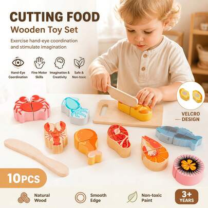 Kids Wooden Cutting Food Toy Set 10PCS | Pretend Play Kitchen Fruit & Veggie Playset | Montessori Educational Learning Toy For Toddlers 3+