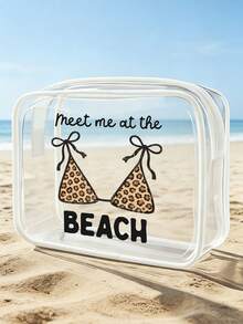「Meet Me At The Beach」字母印花 PVC 防水沙灘包，豹紋泳衣圖案，PVC 化妝包，拉鍊密封 PVC 旅行收納袋，輕量耐褪色女用化妝洗漱包，TSA 認證便攜化妝收納盒，易清潔設計，適合媽媽、老師、朋友、護理師，適用學校假期、度假、開學洗漱包 - 彩色 - 查看 2
