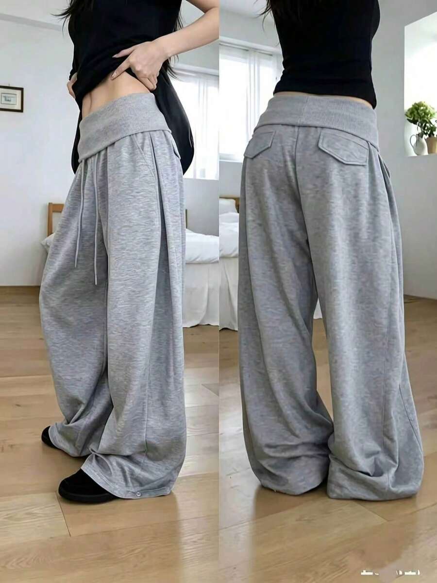 Women's High Waist Wide Leg Pants, Spring Drawstring Loose Long Pants, Lazy Relaxed Style Grey - Grey - View 1