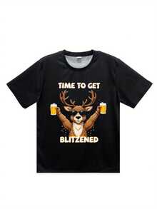 Camiseta de hombre con estampado 3D de renos y cerveza navideños - Cuello redondo informal, manga corta, poliéster transpirable, prenda de verano. - Negro - Ver 2