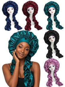 1pc Women's Satin Bowknot Long Braid Sleep Cap, Adjustable Snap Button Sleep Bonnet, Suitable For Curly Hair, Silky Anti-Static Night Headwrap, Sleep Hair Care Cap - Multicolor - View 1