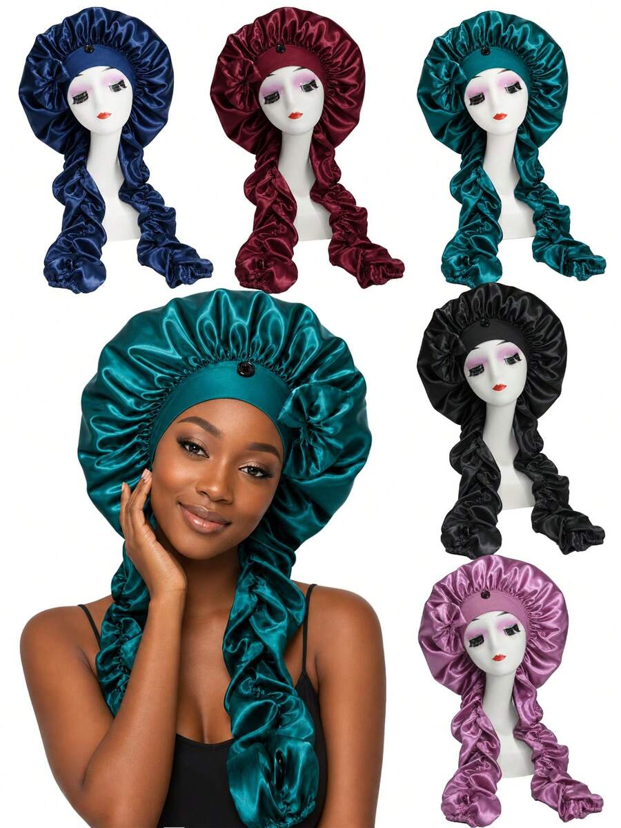 1pc Women's Satin Bowknot Long Braid Sleep Cap, Adjustable Snap Button Sleep Bonnet, Suitable For Curly Hair, Silky Anti-Static Night Headwrap, Sleep Hair Care Cap - Multicolor - View 1