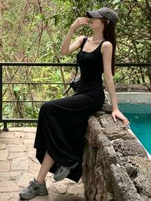 女款素色粗肩帶無袖貼身休閒洋裝，春夏優雅黑色 - 黑色 - 查看 6