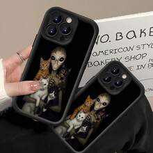 Retrato de un alienígena gris con gatos coloridosfunda de teléfono Fundas compatibles con ,Apple,VIVO,OPPO,,, y Honor.Fabricadas en silicona TPU,ofrecen protección contra golpes y caídas. - Negro - Ver 4