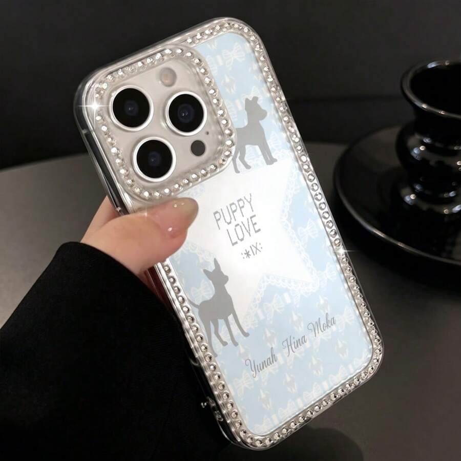 [犬のシルエット ピンクグラデーション] Phone Case for iPhone17 16 15 14 13 Pro Max 14 Plus+ 鑽石装飾 透明手机壳 簡約 防摔 TPU Case | 恋愛 バレンタイン - クリア - チェックする 1