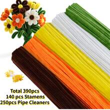 390 pièces de cure-pipes 5 couleurs Kit d'artisanat DIY avec étamines - tiges de chenille violettes, bleues, orange, roses et rouges pour bouquet de fleurs fait main, cadeau de la Fête des Pères & de la remise des diplômes, bouquet de mariée & décoration de la maison - cure-pipes + étamines de fleurs - Voir 16