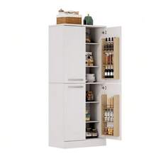 Tall, Four-Door Kitchen Cabinet, Refrigerator-Style, With Adjustable Shelves, Large Dining Room Unit With Metal Handles And Anti-Tip System, 76 X 42 X 180 Cm, Oak Finish - White - View 8