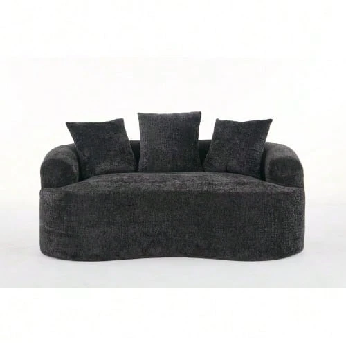 Sofá curvo de dos plazas, pequeño sofá de chenilla con 3 cojines, sofá profundo para apartamento o sala de estar, no requiere montaje. - Negro - Ver 1