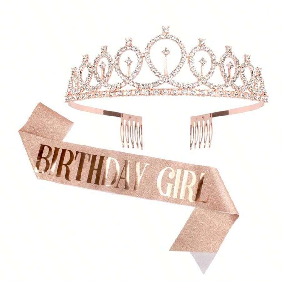 1組粉色生日女孩水鑽皇冠髮箍套組 生日派對配件 - 金色 - 查看 1