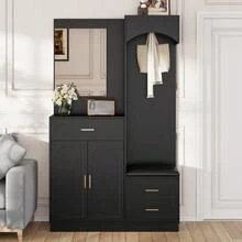 Modern, Compact Wardrobes, Wardrobe And Shoe Cabinet Combination, Entrance Cabinet, Multifunctional Storage Shelf With Mirror - 黑色 - 查看 3