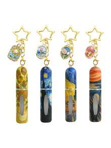 1/2/4pcs Summer Perfume Spray Bottles, Oil Painting Starry Sky Pattern Bottom Filled Perfume Bottles, Metal Flower Pendant Keychain, 5ml Reusable Perfume Decant Tool, Summer Travel Essential Perfume Decant Bottle, Girls Holiday Gift, Mini Perfume - View 4