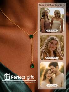 outingfit 1pc New Vintage Geometric Shape Emerald Green Square Rhinestone Necklace With Water Drop Pendant Accessory For Women - Gold - View 7