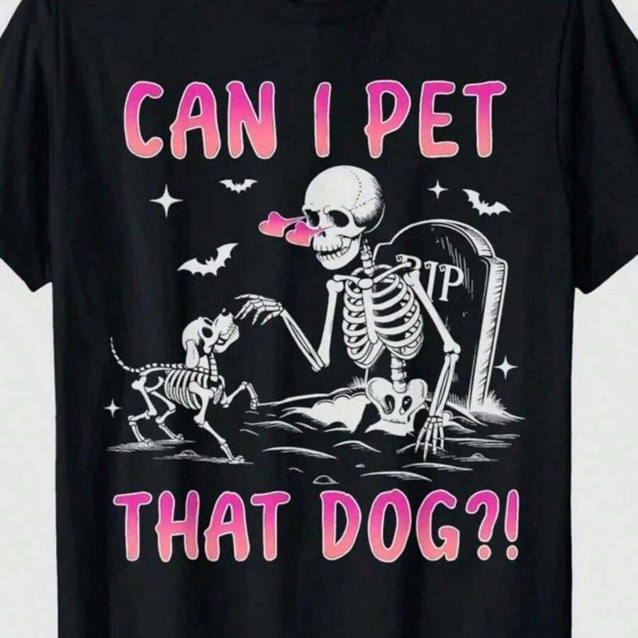 Camiseta de algodón puro de talla europea [100% Algodón] con divertido estampado de esqueleto "¿Puedo acariciar eso?" - Negro - Ver 1