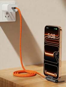 1pc Orange Braided 240W Alloy Metal Bracket Fast Charging Data Cable, Nylon Braided Material, Supports Fast Charging, Built-In Phone Stand, T-Shaped Folding Design, USB-C To Type-C Interface, Suitable For IPhone 17/16 Pro/16/15 Pro/15, S26/S25/S24/S23 And Other Models, Suitable For Home, Office And Travel Use - Multicolor - View 7