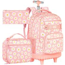 Set Tas Ransel Sekolah Anak Perempuan Motif Bunga Daisy Ungu 3 Buah, Model Oxford, dengan Roda, Tali Bahu yang Dapat Diatur, dan Penutup Resleting, Cocok untuk Kembali ke Sekolah & Bepergian. - 21 Daisy Tuas Tunggal - View 15