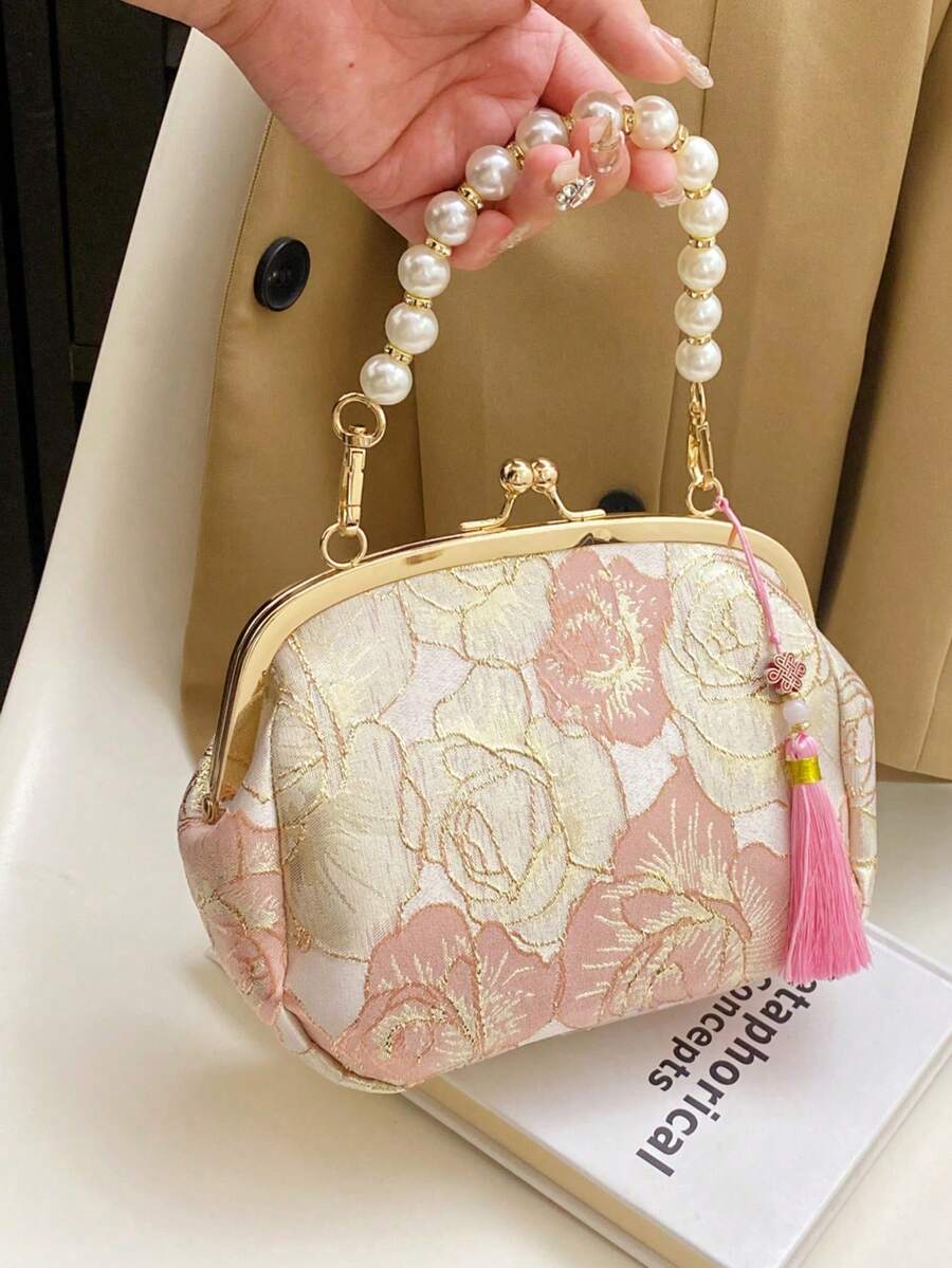 Elegant Women's Handbag With Beaded Embroidery And Fringe, Floral Print, Clutch, Suitable For Evening Party, Wedding, Banquet, Mother's Day Gift, Bridesmaid, Saint - 杏色 - 查看 1