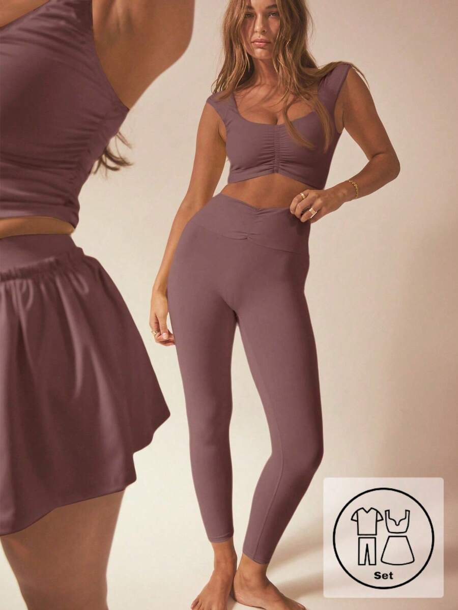 Women's Ruched Crop Top And Solid Color Leggings Athletic Set - Chocolate Brown - View 1