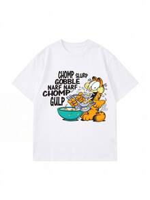 SHEIN | Garfield 女款復古美食愛好者卡通圖案寬鬆大號T恤，休閒基礎短袖上衣，適合女孩晚餐約會與週末休閒穿著 - 白色 - 查看 4