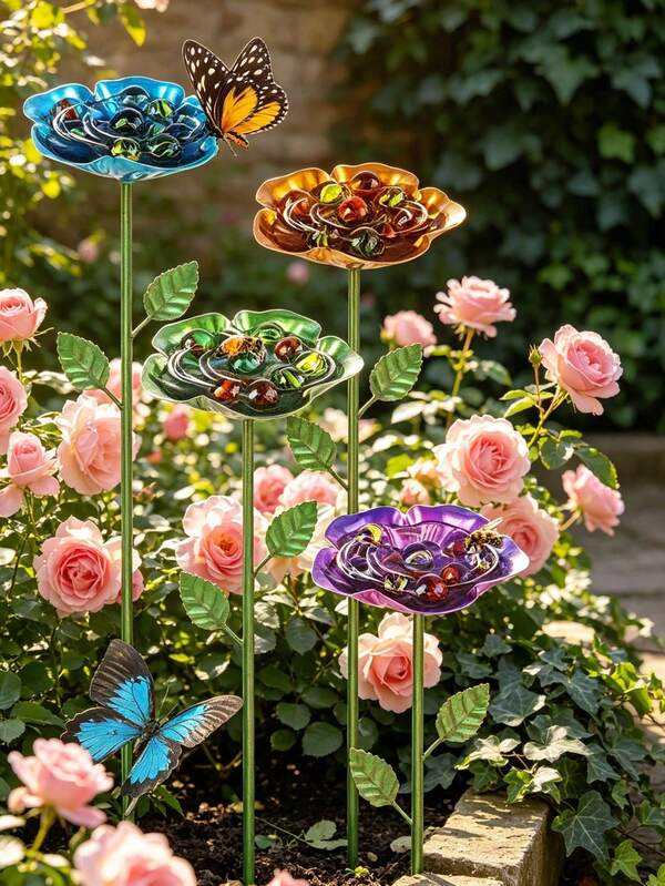 1 pieza Estación de riego para abejas de jardín, alimentador de flores para mariposas y abejas, bebedero de abejas para exteriores, decoración de jardín de metal, cuenco de baño para abejas, bebedero de abejas de metal con diseño floral, cuenco de baño colorido para mariposas y abejas para decoración de jardín al aire libre