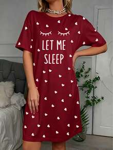 女款「Sleep」標語睫毛圖案睡衣－舒適短袖圓領 T-shirt 連身裙，附愛心裝飾，四季針織居家睡衣 - 酒紅色 - 查看 3