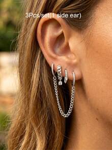 3pcs/Set Women's Earrings Set, Gold-Plated Zirconia Hoop Earrings With Chain Drop, Layered Style - 3Pcs/set(1 Side Ear) - View 6