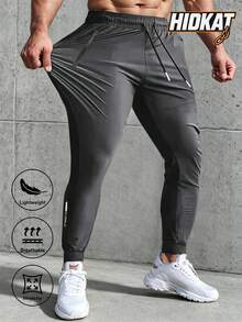 Men's High Elastic English Reflective Zipper Pocket Drawstring Ankle-Length Pants, Lightweight Casual Sports Trousers Suitable For Running, Workout, Hiking, Cycling, Spring & Autumn - Grey - View 2