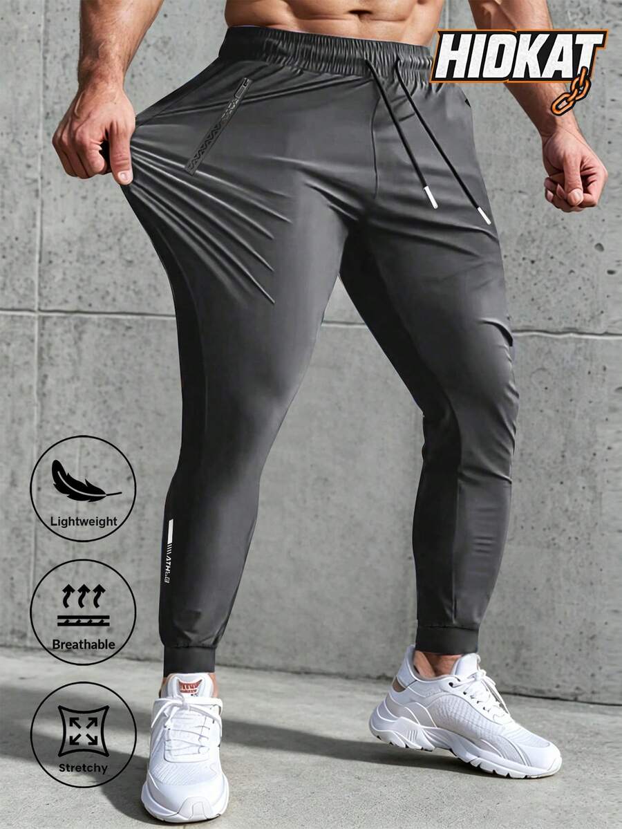 Men's High Elastic English Reflective Zipper Pocket Drawstring Ankle-Length Pants, Lightweight Casual Sports Trousers Suitable For Running, Workout, Hiking, Cycling, Spring & Autumn