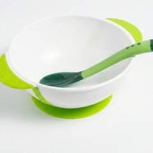 Conjunto Prato Infantil  + Colher Com Ventosa Bowl Tigela - Verde/Branco - Visão 1