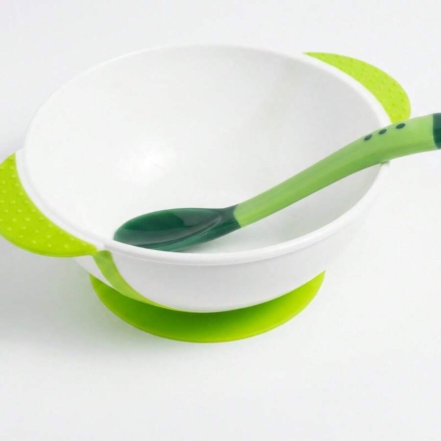Conjunto Prato Infantil  + Colher Com Ventosa Bowl Tigela - Verde/Branco - Visão 1