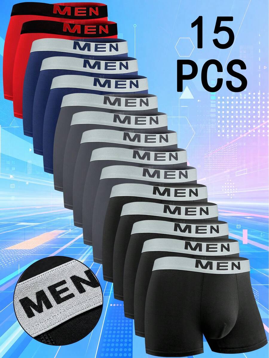 15 Pieces Men Classic Boxer Briefs, Red, Navy, Dark Grey & Black Comfort Fit Underwear - Multicolor - View 1