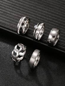 5pcs Minimalist Men's Ring Set, Stainless Steel Hollow Chain Roman Numeral Engraved Rhinestone Double Band Rings, Men's Accessories - 5 Openwork Diamond-encrusted Rings - View 3