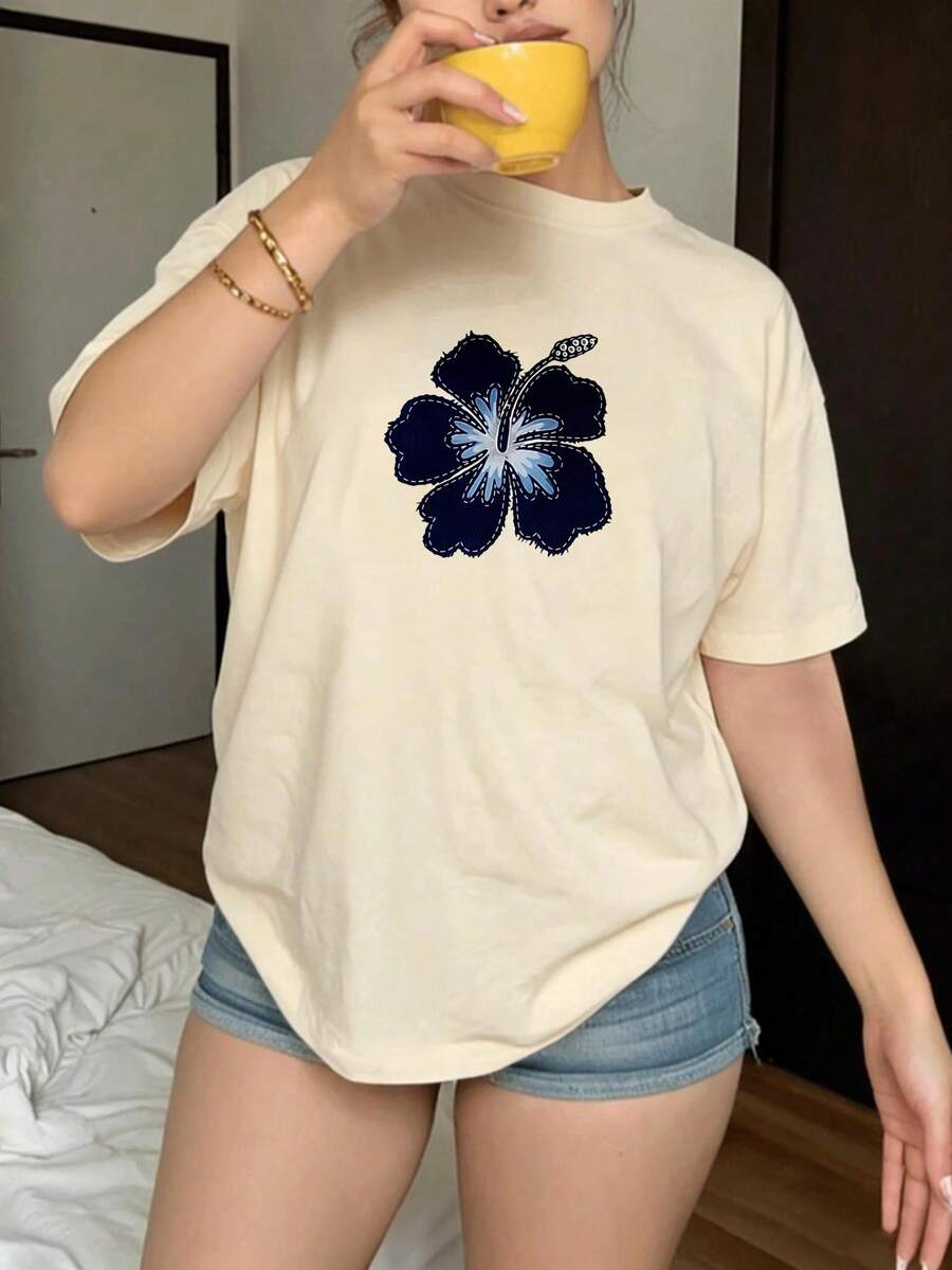 2026 Women's BlousesShort-Sleeve Round-Neck Printed T-Shirt With An Elegant Pleated Design, Modern, Casual, And Simple Style, Perfect For Everyday Outdoor Wear; A Women's Garment Ideal For - 杏色 - 查看 1