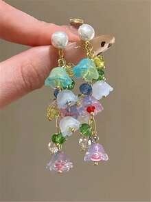 1 Pair Sweet Cute Dopamine Lily Of The Valley Tassel Earrings For Women And Girls, Fashion Long Faux Pearl Stud Earrings, Party, Banquet, Travel, Vacation, Holiday Jewelry Accessories - Multicolor - View 7