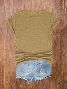 Adorable Cat Print, Comfortable, Soft, Elegant, Vintage, Casual, Versatile For Parties, Available In Sizes S-XXL, Suitable For Spring, Summer, Autumn And Winter, Sporty Style KWCN - 卡其色 - 查看 2