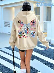 Disney Lilo & Stitch Y2K Graphic Print Hoodie Oversized Hooded Sweatshirt, Casual Drop Shoulder Streetwear Top For Women - 杏色 - 查看 2