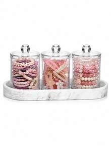 Minimalist Bathroom Vanity Organizer Set: 3 PiecesClear Container Set With Marble-Patterned Tray For Swabs, Pads, Balls, And Toothpicks - Vanity Countertop Organizer - Multicolor - View 1