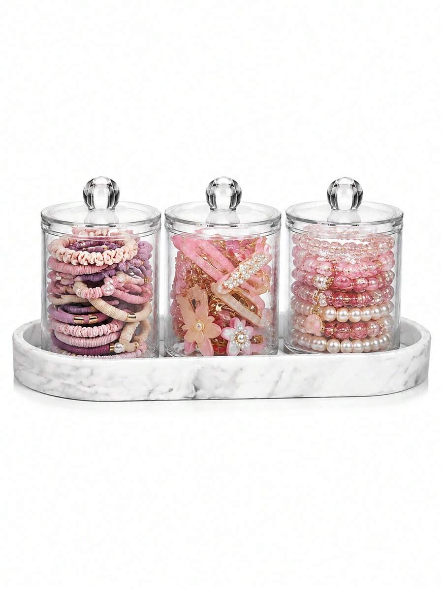 Minimalist Bathroom Vanity Organizer Set: 3 PiecesClear Container Set With Marble-Patterned Tray For Swabs, Pads, Balls, And Toothpicks - Vanity Countertop Organizer - Multicolor - View 1