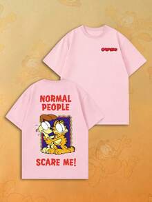 SHEIN | Garfield Women's Pink Double Sided Tee, Front Small Logo Back Cat & Dog Normal People Scare Me Red Text Print Loose Short Sleeve - Pink - View 5