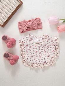 3PCS Baby Floral Bibs, Elastic Solid Color Nylon Headbands, Bow Decor Anti-Slip Short Socks, Cute Newborn Bibs & Headband Set - Multicolor - View 16