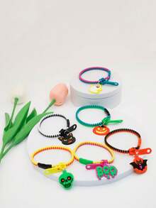 3pcs Halloween Decoration Bracelet Set, Pumpkin & Bat Dual-Color Cartoon #5 Zipper Bracelet, Suitable For Holiday Party Decoration And Halloween Party Decoration - Multicolor - View 3