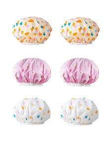 1/2/3/6 Pcs Floral Heart Print Double Layer Waterproof Hair Bonnet Elastic Adjustable Oil Resistant Soft Skin Multifunctional Cap For Skincare Makeup Cooking Hair Drying Washing Bathroom Dorm Travel Back To School Portable Adult Hair Protector - Multicolor - View 12