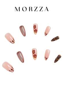 24pcs Elegant Vintage Street Style Minimalist Daily Gold Metal Bead Decor Mocha Brown Floral Brown Tortoise Shell Medium Almond Shaped Press-On Nails Fake Nails Set, Suitable For Girls And Women With Personalized - Mocha Brown - View 2