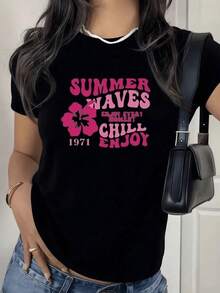 Elegante Camiseta para Dama con Estampado de Lazo Floral Estilo Casual y Cómodo,perfecta para un look moderno y femenino con diseño floral único. - Negro - Ver 2