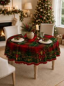 1pc Traditional Red & Green Plaid Holly Print Round Tablecloth, Suitable For Holiday Party Decor, Home Decor, Room Decor, Garden, Kitchen, Country Farmhouse Style Dining, Christmas Dinner And Family Celebration - Multicolor - View 4