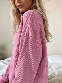 Women's Drop Shoulder Long Sleeve Casual Solid Color Warm Sweatshirt, Autumn/Winter Pink Spring - Pink - View 4