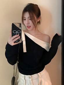 Korean Style Design Asymmetric Neckline Long Sleeve Knit Top For Women, Spring/Autumn Ruched Waist Slimming Fitted Top Black - Black - View 6
